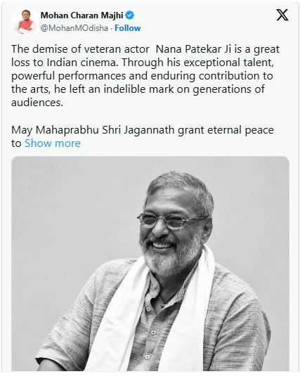 CM Mohan Charan Majhi Mourns Demise of Veteran Actor Nana Patekar